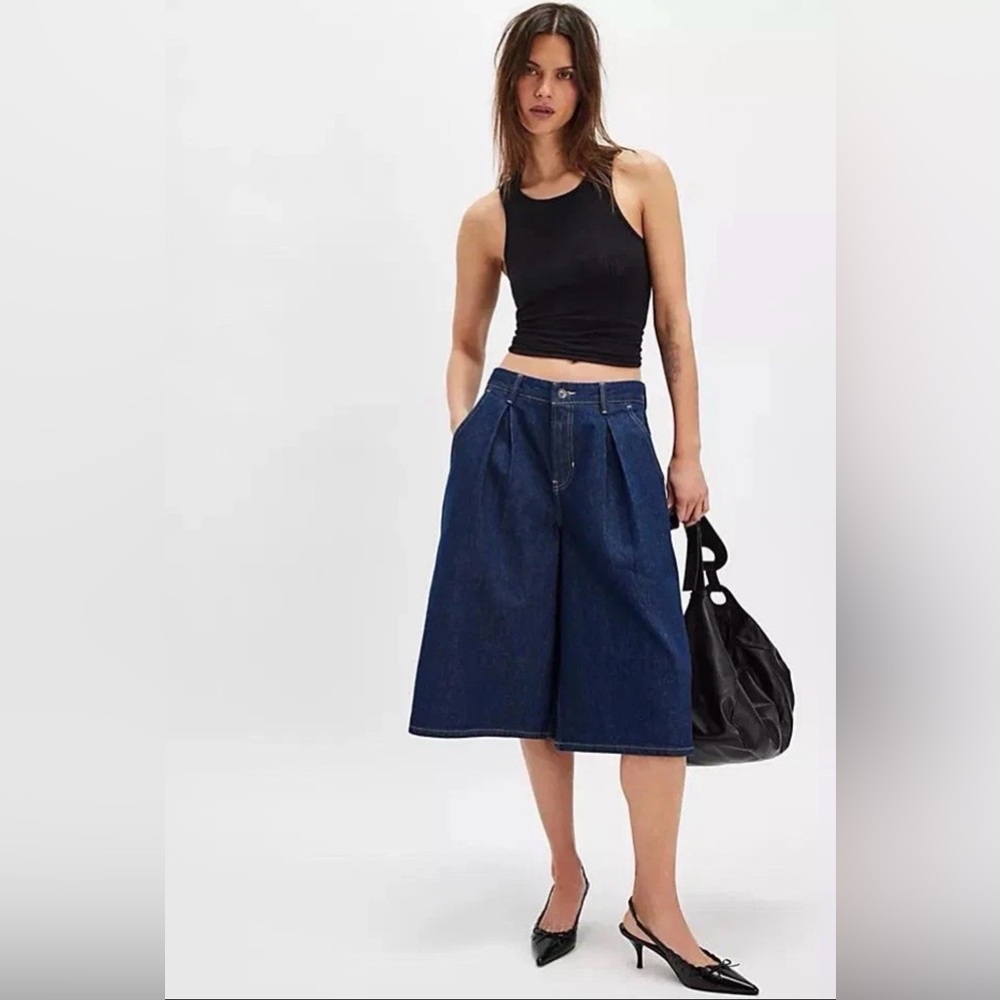 Free People Dark Indigo Wide Leg Culotte Jeans